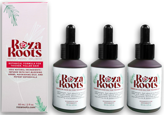 Roza Roots Hair Growth Oil bundle of three bottles with product box, natural DHT-blocking herbal hair oil for thicker, fuller hair