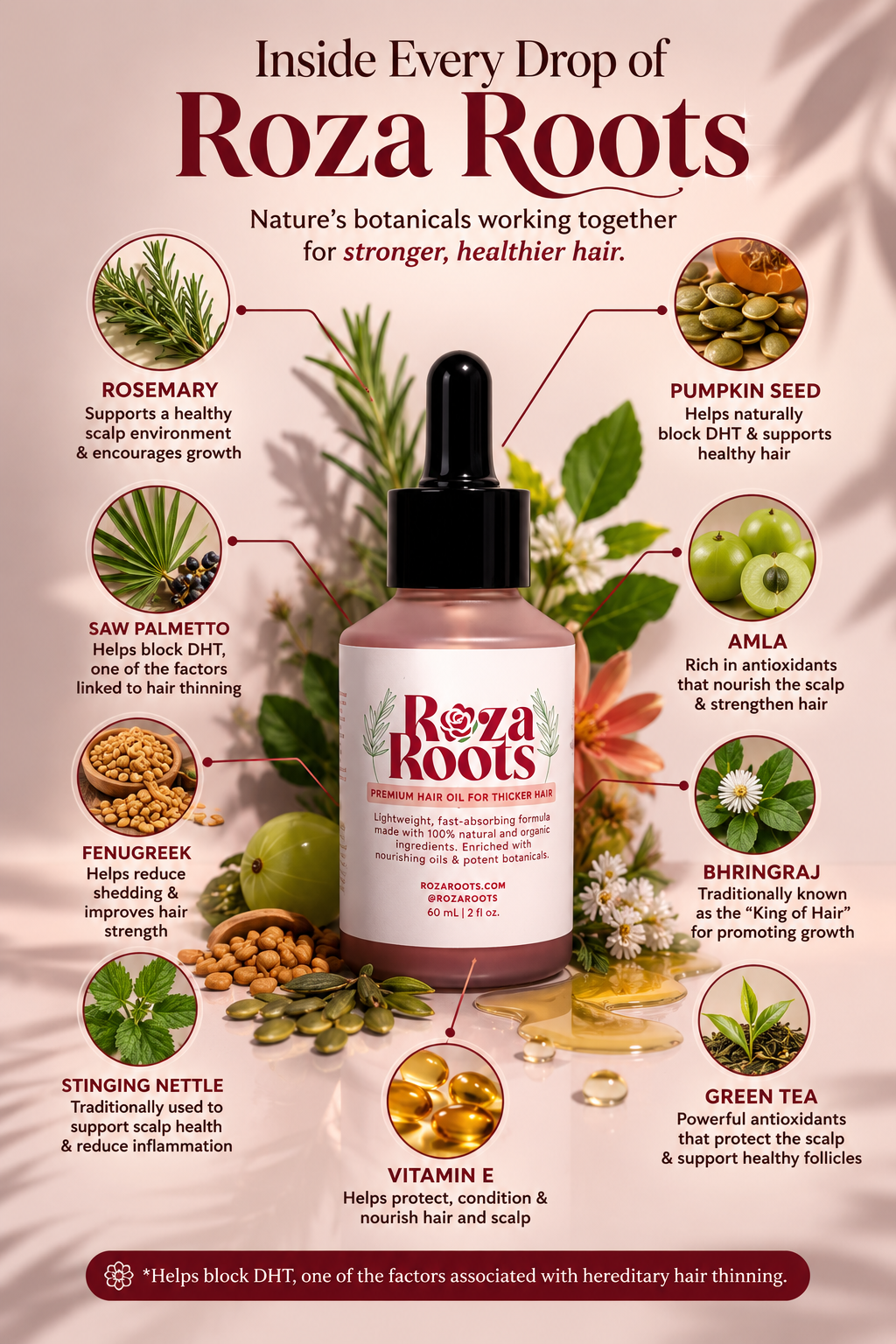 Roza Roots Hair Growth Oil: Natural DHT Blocker for Thicker, Fuller Hair